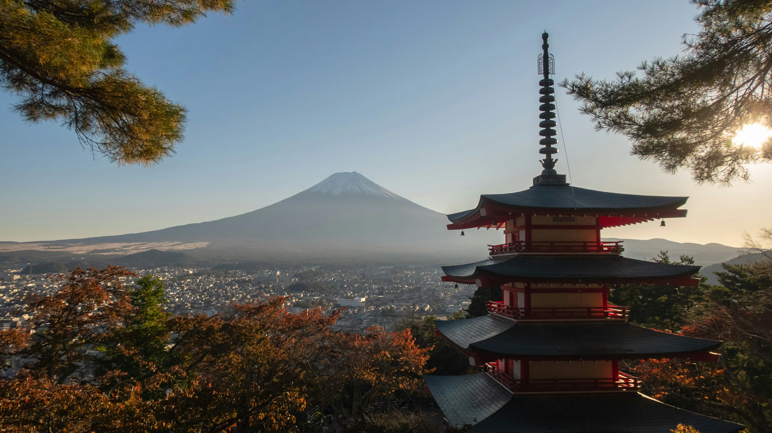Chureito Pagoda with Mount Fuji in the background at dusk